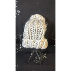 Handmade Chunky Knit Beanie Hat Gray Pom Pom Winter Cap Oversized Ribbed Cuff